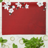 アジアフローラホワイトさくらんぼブロッサムレッド キッチンタオル (折り畳み)