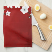 アジアフローラホワイトさくらんぼブロッサムレッド キッチンタオル (四つ折り)