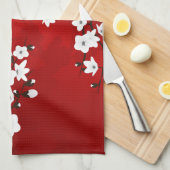アジアフローラホワイトさくらんぼブロッサムレッド キッチンタオル (四つ折り)