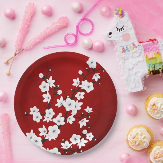アジアフローラホワイトさくらんぼブロッサムレッド ペーパープレート (パーティー)