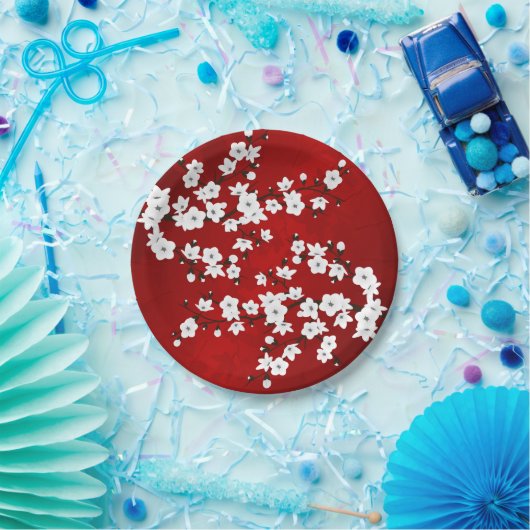 アジアフローラホワイトさくらんぼブロッサムレッド ペーパープレート (パーティー)