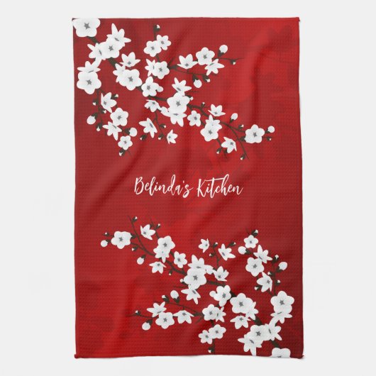 アジアフローラホワイトレッドさくらんぼ花の名前の追加 キッチンタオル (縦)