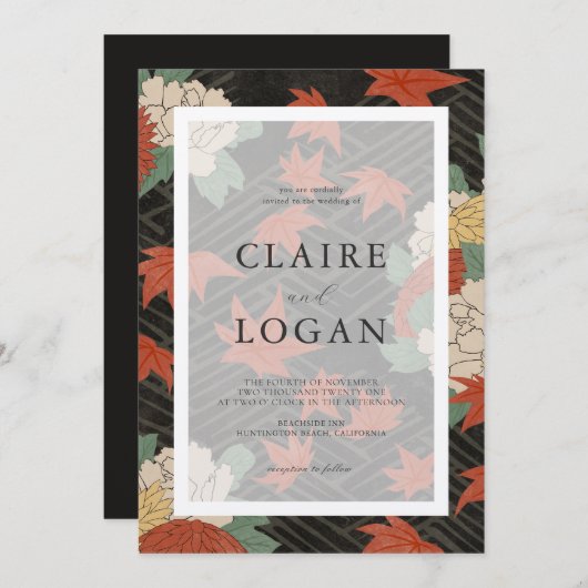 アジアフローラ&レッドメープル葉ズブラック結婚ズ 招待状 (正面/裏面)