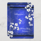 アジアブルーブラックブロッサムホワイトバースデーパーティー 招待状 (正面/裏面)
