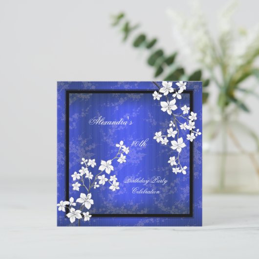 アジアブルーブラックブロッサムホワイトバースデーパーティー 招待状 (スタンド正面)