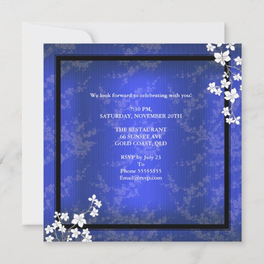 アジアブルーブラックブロッサムホワイトバースデーパーティー 招待状 (裏面)