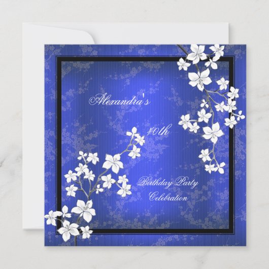 アジアブルーブラックブロッサムホワイトバースデーパーティー 招待状 (正面)