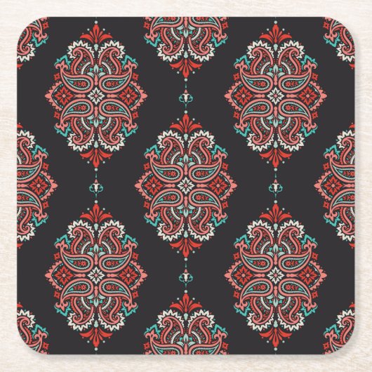 アジアペイズリー要素、ボーホヴィンテージパターン。 スクエアペーパーコースター (正面)