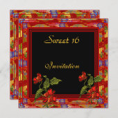 アジアレッドブラックフローラスウィート16誕生日パーティー 招待状 (正面/裏面)
