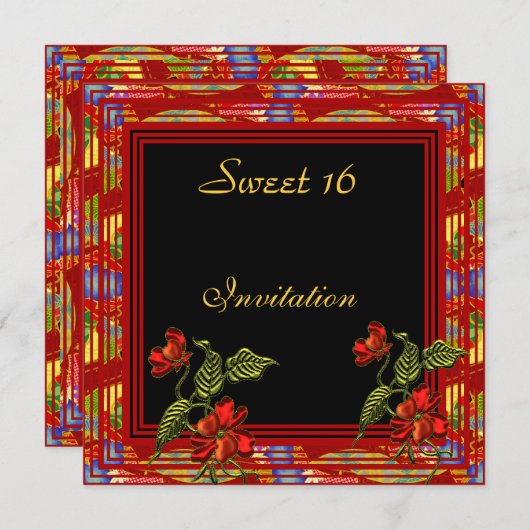 アジアレッドブラックフローラスウィート16誕生日パーティー 招待状 (正面/裏面)