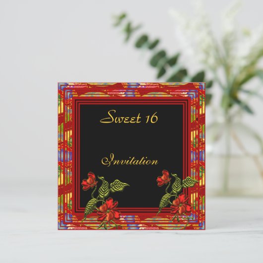 アジアレッドブラックフローラスウィート16誕生日パーティー 招待状 (スタンド正面)