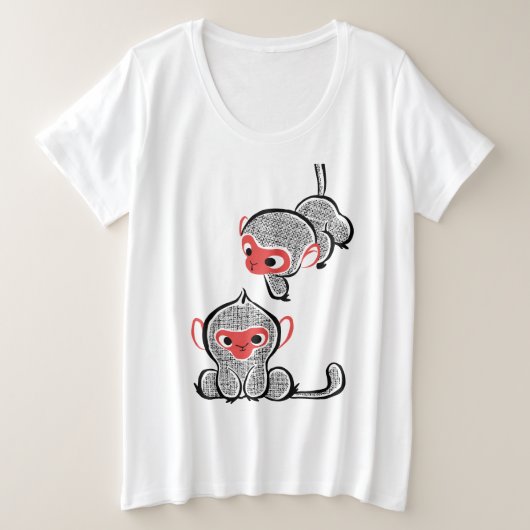 アジアンのサル二頭:座って登る プラスサイズTシャツ (デザイン正面)
