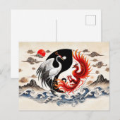 アジアンアートスタイルの陰陽・鶴と鳳凰 ポストカード (正面/裏面)