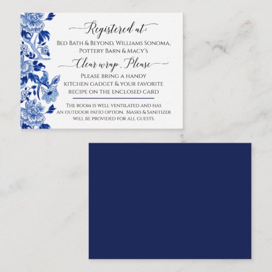 アジアンインフルエンスブルーホワイトフローラブライダルシャワー エンクロージャーカード (正面/裏面)