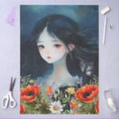 アジアンガールワイルドフラワーズ&レッドポピー抽象芸術アート 薄葉紙 (クラフト)