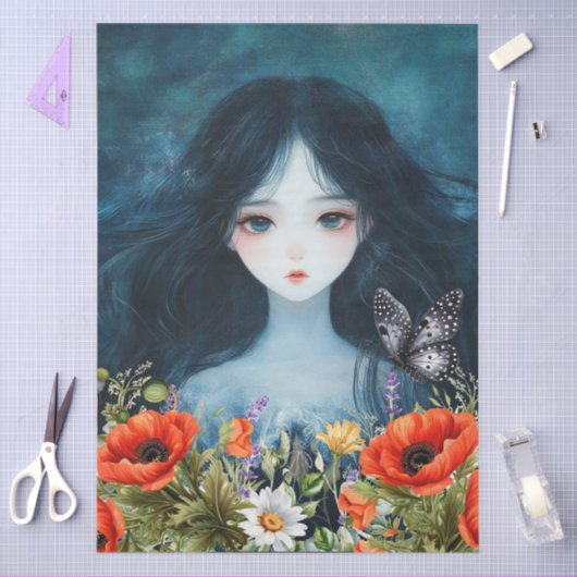 アジアンガールワイルドフラワーズ&レッドポピー抽象芸術アート 薄葉紙 (クラフト)