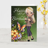 アジアンガール美しい花ハッピーバースデーカード4 カード (黄色い花)