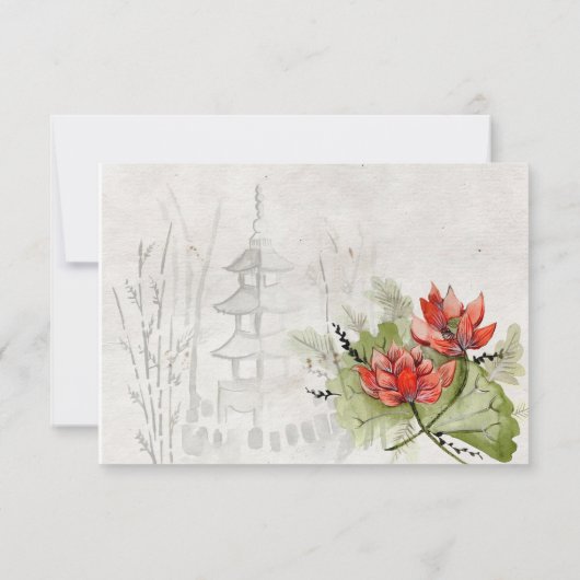 アジアンスタイルの花のウェディングシャワー招待状カード セーブザデート (裏面)