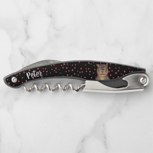 アジアンストライプのタイガー激しい顔赤いドットブラック ソムリエナイフ (裏面)