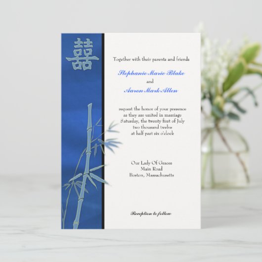 アジアンダブルハピネスブルー結婚式招待状 招待状 (スタンド正面)