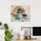 アジアンテンプルパゴダと太陽カスタムプリントポスター ポスター (ホームオフィス)