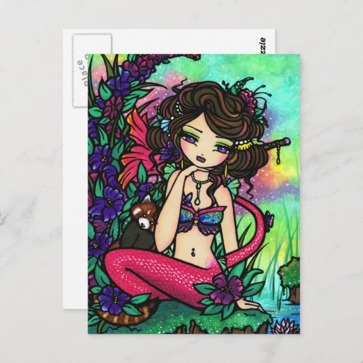 アジアンパンダ神秘的な池マーメイドファンタジーアートガール ポストカード (正面/裏面)
