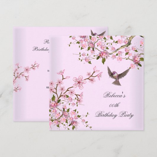 アジアンピンクの花の誕生日パーティーの花の鳥 招待状 (正面/裏面)