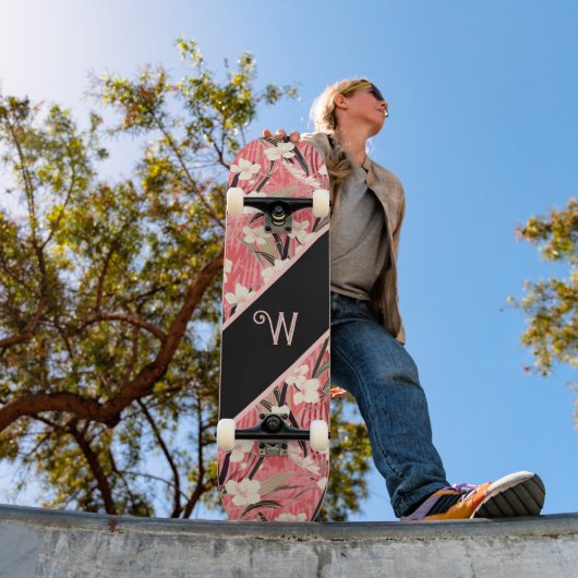 アジアンフローラル ピンク ピーチ ホワイト シノワーズリー モノグラム スケートボード (室外1)