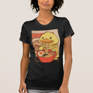 アジアンフードファンに贈る、ラーメンを食べるかわいいアヒル Tシャツ
