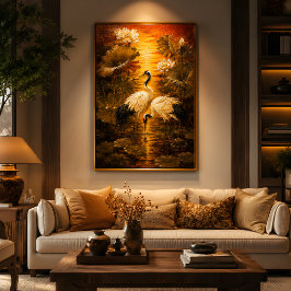 アジアンラブ&ピース ロータス・クレイン オイルペインティング ポスター