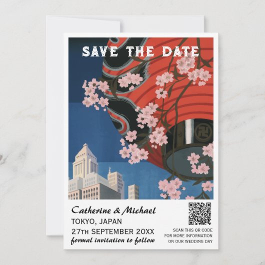 アジアンヴィンテージウェディングトラベルポスタースタイルQRコード セーブザデート (正面)