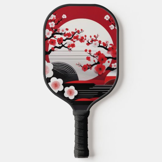 アジアン桜の花 赤、白、黒 ピックルボールラケット (正面)