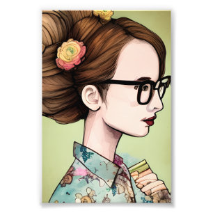 アジア人の女性が本を持つオタク フォトプリント