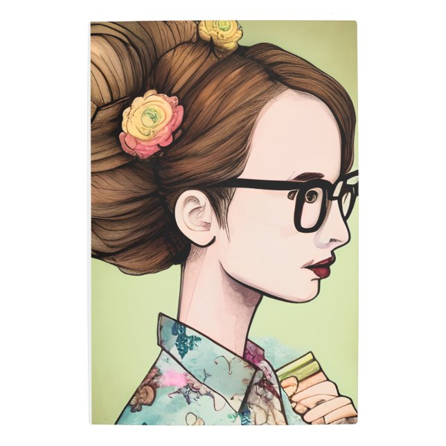 アジア人の女性が本を持つオタク メタルプリント (正面)