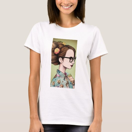 アジア人の女性が本を持つオタク Tシャツ (正面)