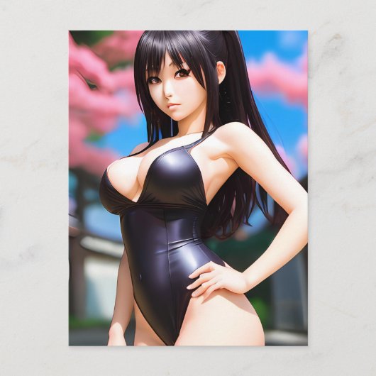 アジア人女性がレザーの水着で春 ポストカード (正面)
