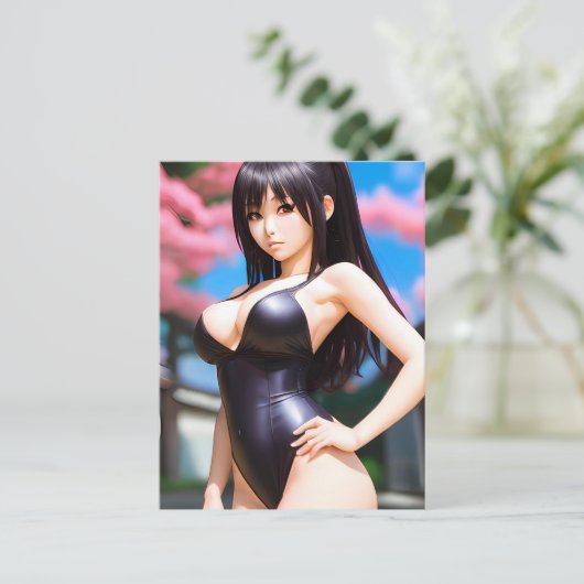 アジア人女性がレザーの水着で春 ポストカード (スタンド正面)
