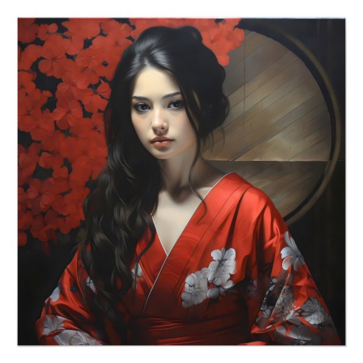 アジア人女性の赤い着物 フォトプリント            (正面)