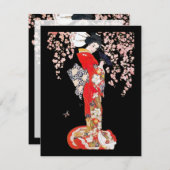 アジア人女性、さくらんぼの花の夜 招待状 (正面/裏面)
