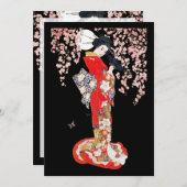 アジア人女性、さくらんぼの花の夜 招待状 (正面/裏面)