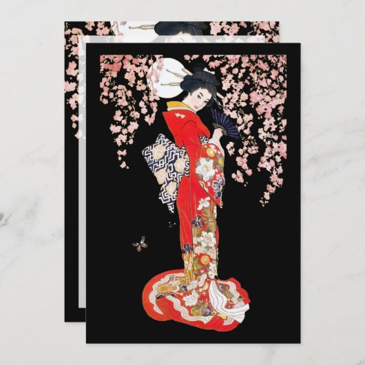 アジア人女性、さくらんぼの花の夜 招待状 (正面/裏面)