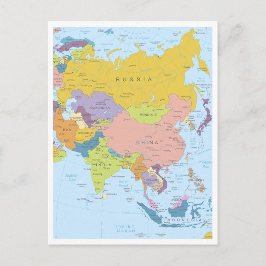 アジア大陸の詳細地図 ポストカード (正面)