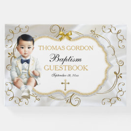 アジア男の赤ちゃんバプテスマ《キリスト教》洗礼式や命名式ホワイト&金ゴールド ゲストブック