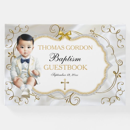 アジア男の赤ちゃんバプテスマ《キリスト教》洗礼式や命名式ホワイト&金ゴールド ゲストブック (正面)