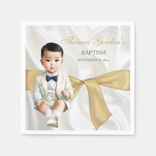 アジア男の赤ちゃんバプテスマ《キリスト教》洗礼式や命名式ホワイト&金ゴールド スタンダードカクテルナプキン (正面)