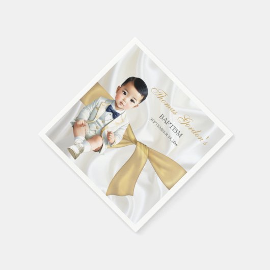 アジア男の赤ちゃんバプテスマ《キリスト教》洗礼式や命名式ホワイト&金ゴールド スタンダードカクテルナプキン (角)