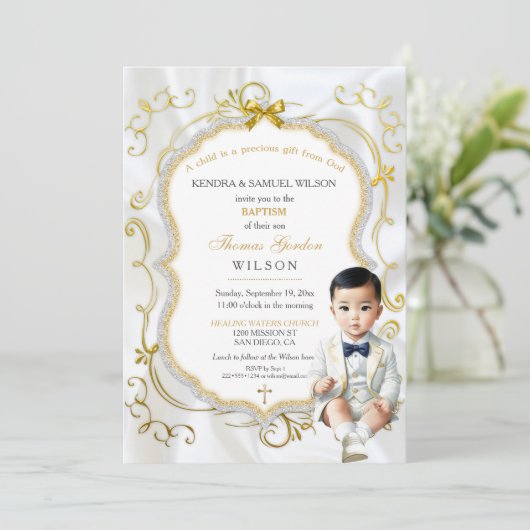 アジア男の赤ちゃんバプテスムコミュニオン《キリスト教》洗礼式や命名式 招待状 (スタンド正面)