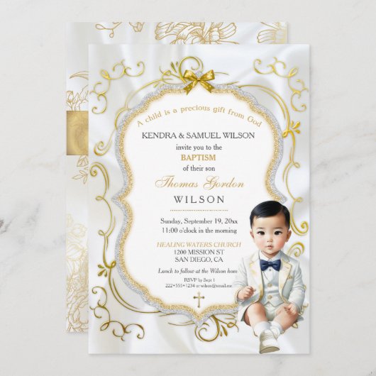 アジア男の赤ちゃんバプテスムコミュニオン《キリスト教》洗礼式や命名式 招待状 (正面/裏面)