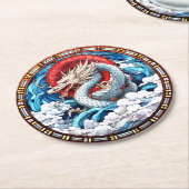 アジア神話のドラゴンin赤と青 ラウンドペーパーコースター (アングル)