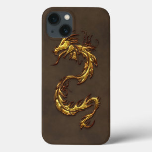 アジア種族の金ゴールドのドラゴン及びのど革 iPhone 13ケース